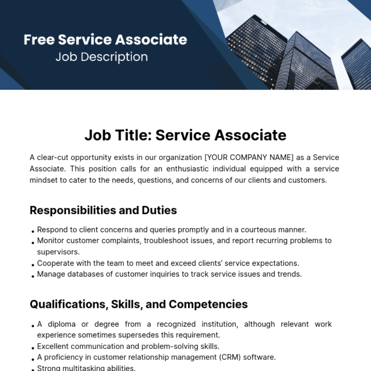 Free Service Associate Job Description Template Edit Online 