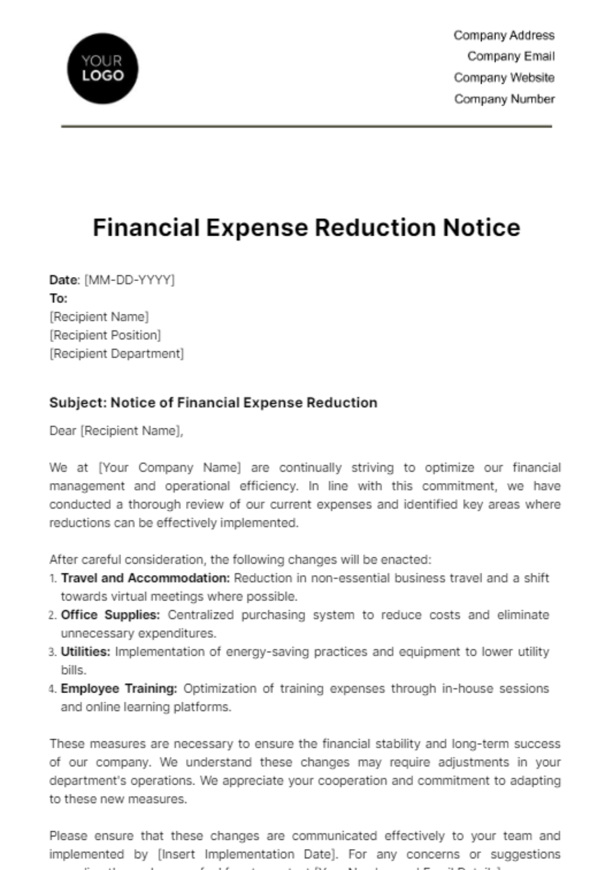 Financial Expense Reduction Notice Template