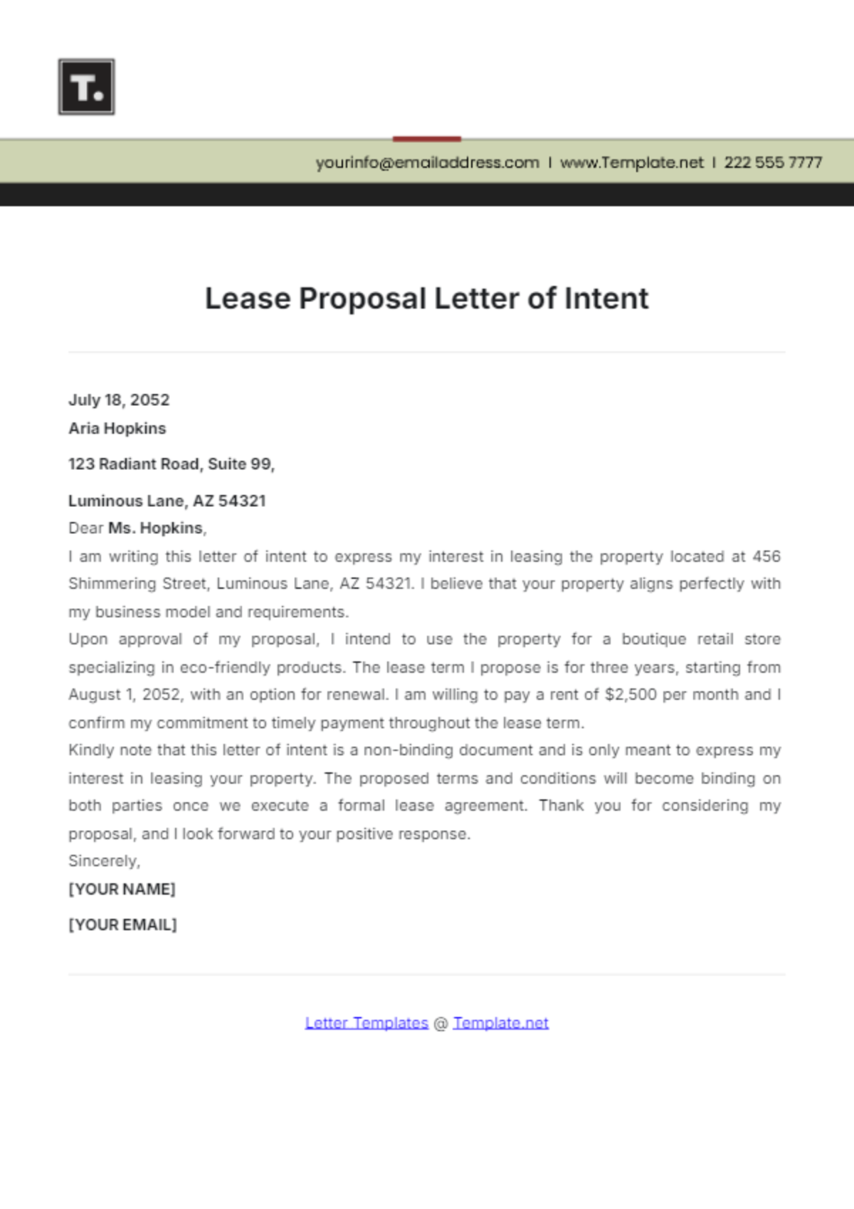 Lease Proposal Letter of Intent Template - Edit Online & Download