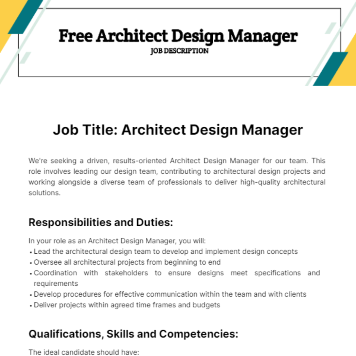 Free Architect Design Manager job Description Template
