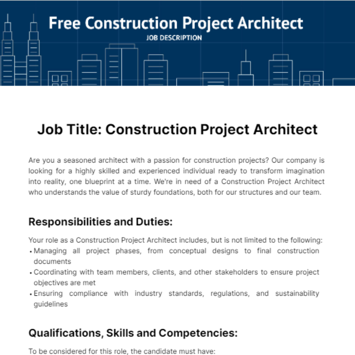 Free Construction Project Architect Job Description Template