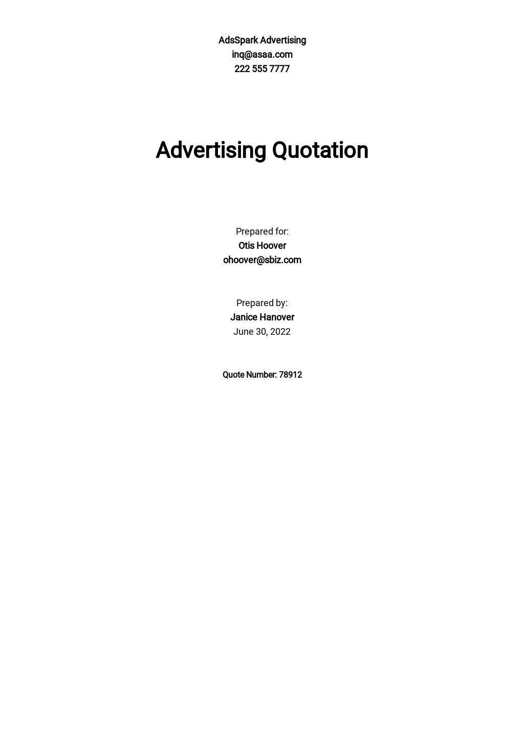 Simple Advertising Quotation Template - Google Docs, Google Sheets, Excel, Word