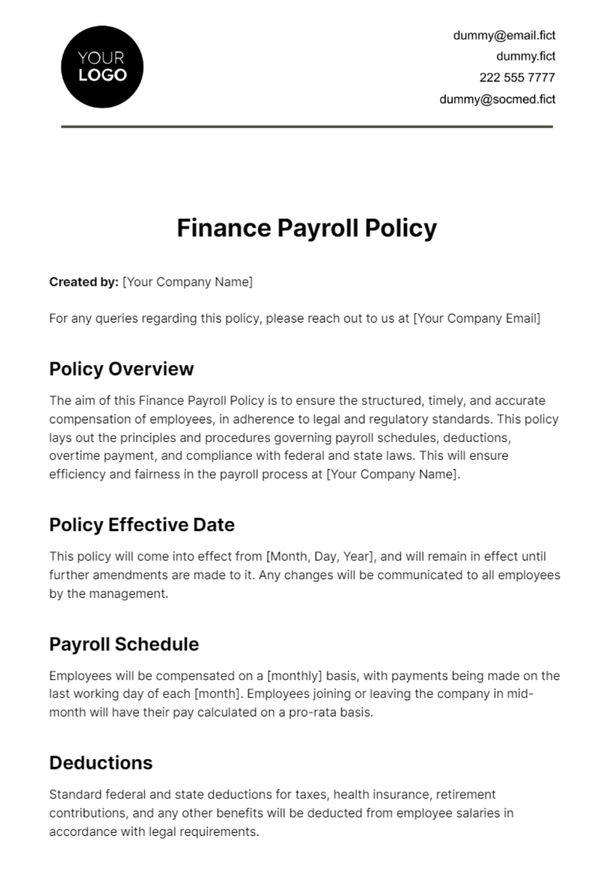 Finance Payroll Policy Template