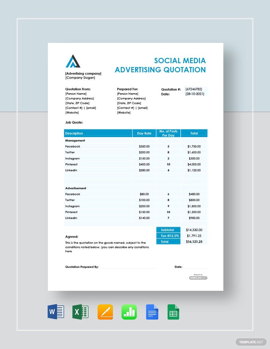 Social Media Advertising Quotation Template Google Docs, Google