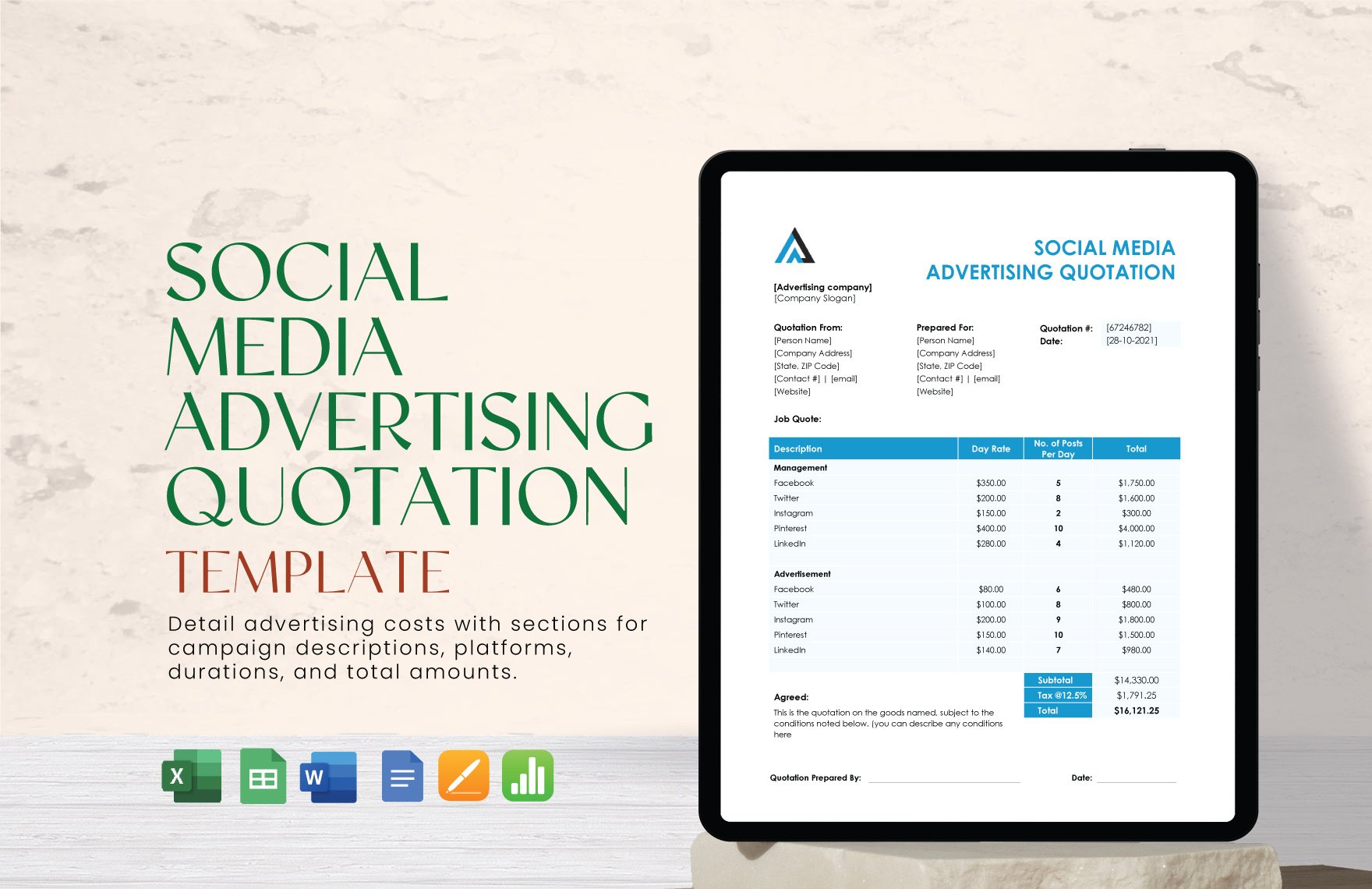 Social Media Advertising Quotation Template in Word, Google Docs, Excel, Google Sheets, Apple Pages, Apple Numbers