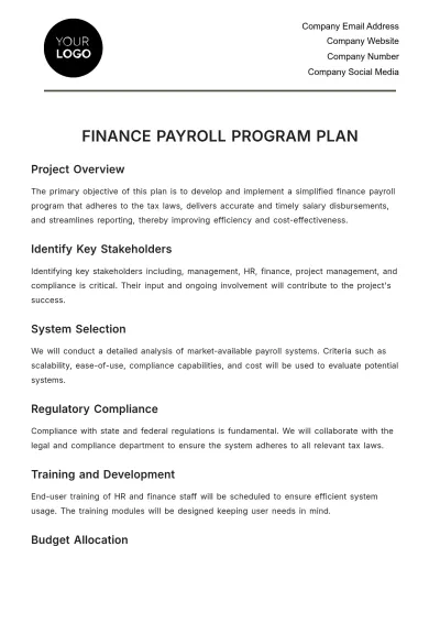 Free Finance Payroll Program Plan Template to Edit Online