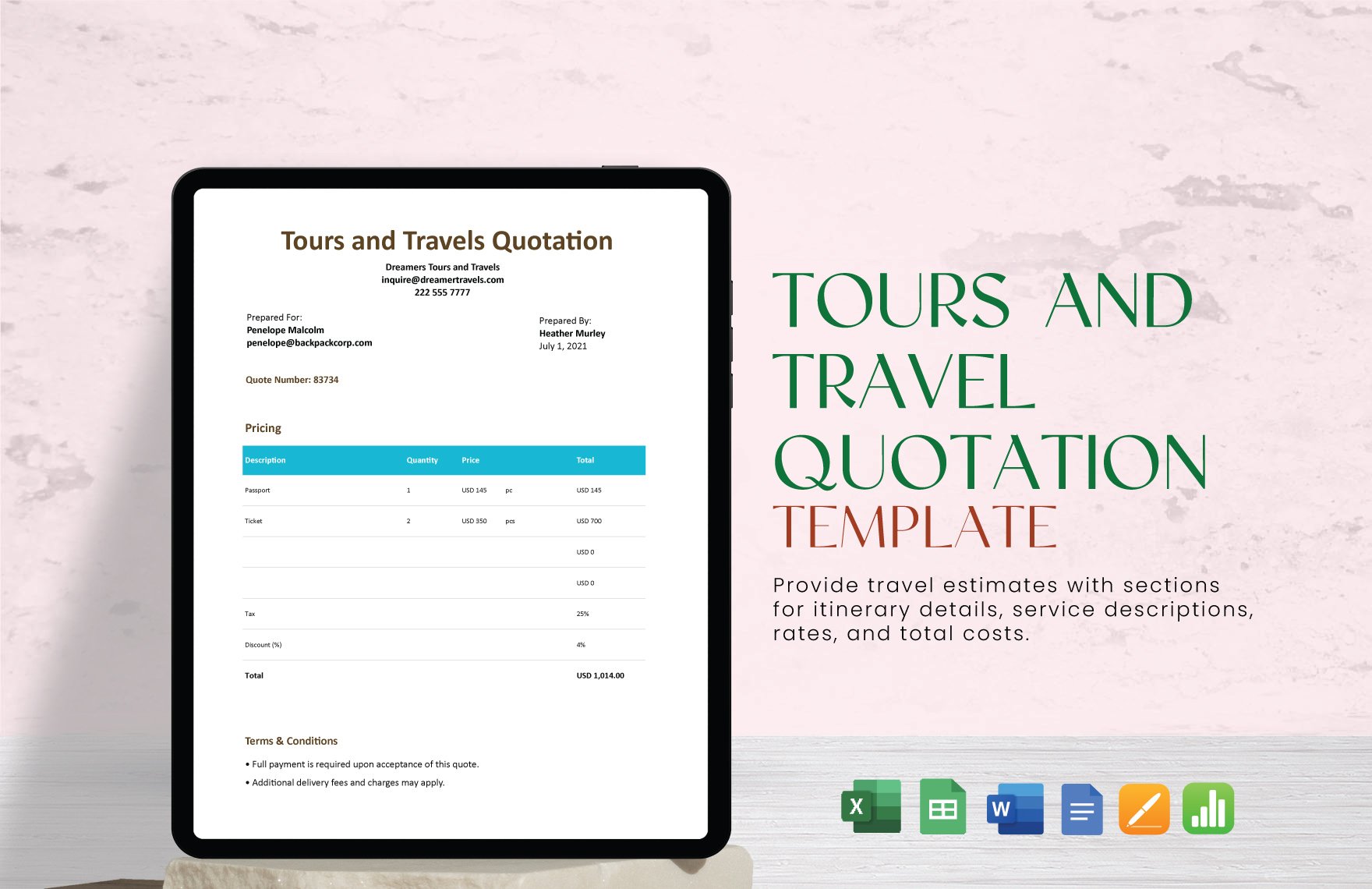 Free Tours and Travel Quotation Template in Word, Google Docs, Excel, Google Sheets, Apple Pages, Apple Numbers