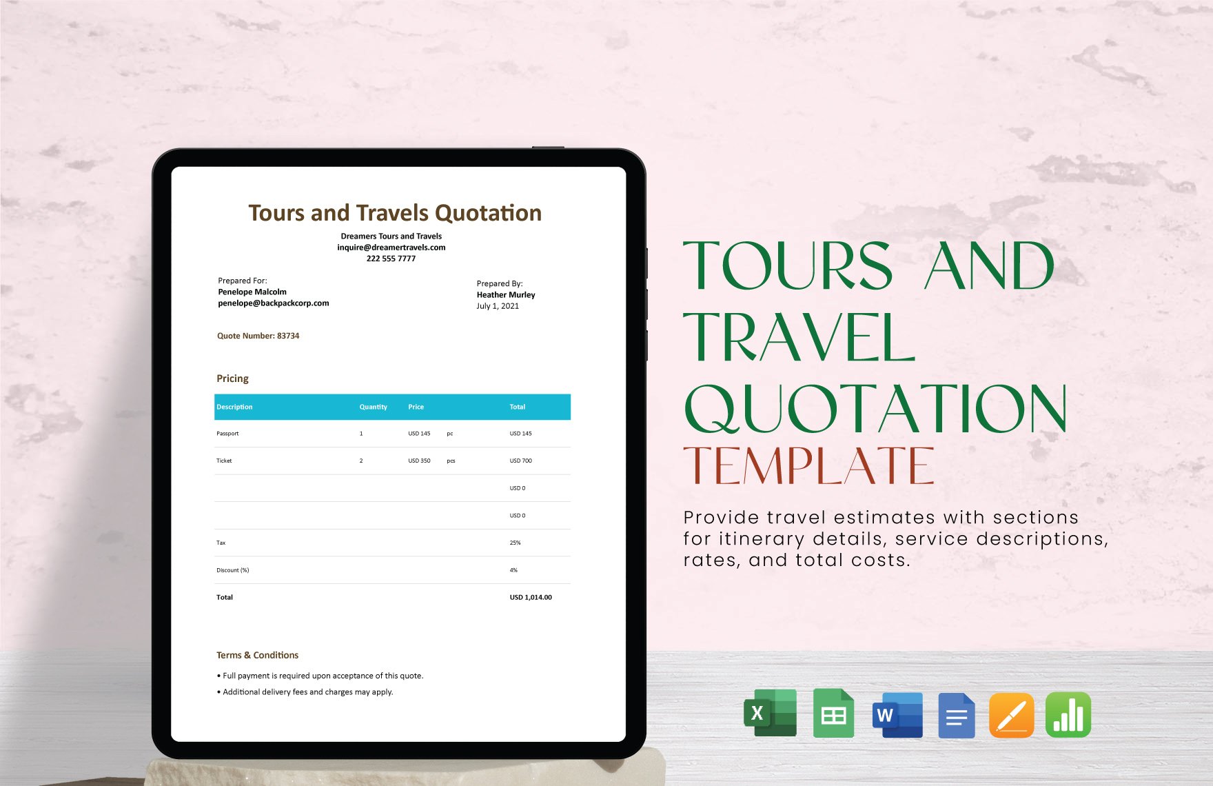 Tours and Travel Quotation Template in Google Sheets, Apple Numbers, Apple Pages, Excel, Word, Google Docs - Download | Template.net