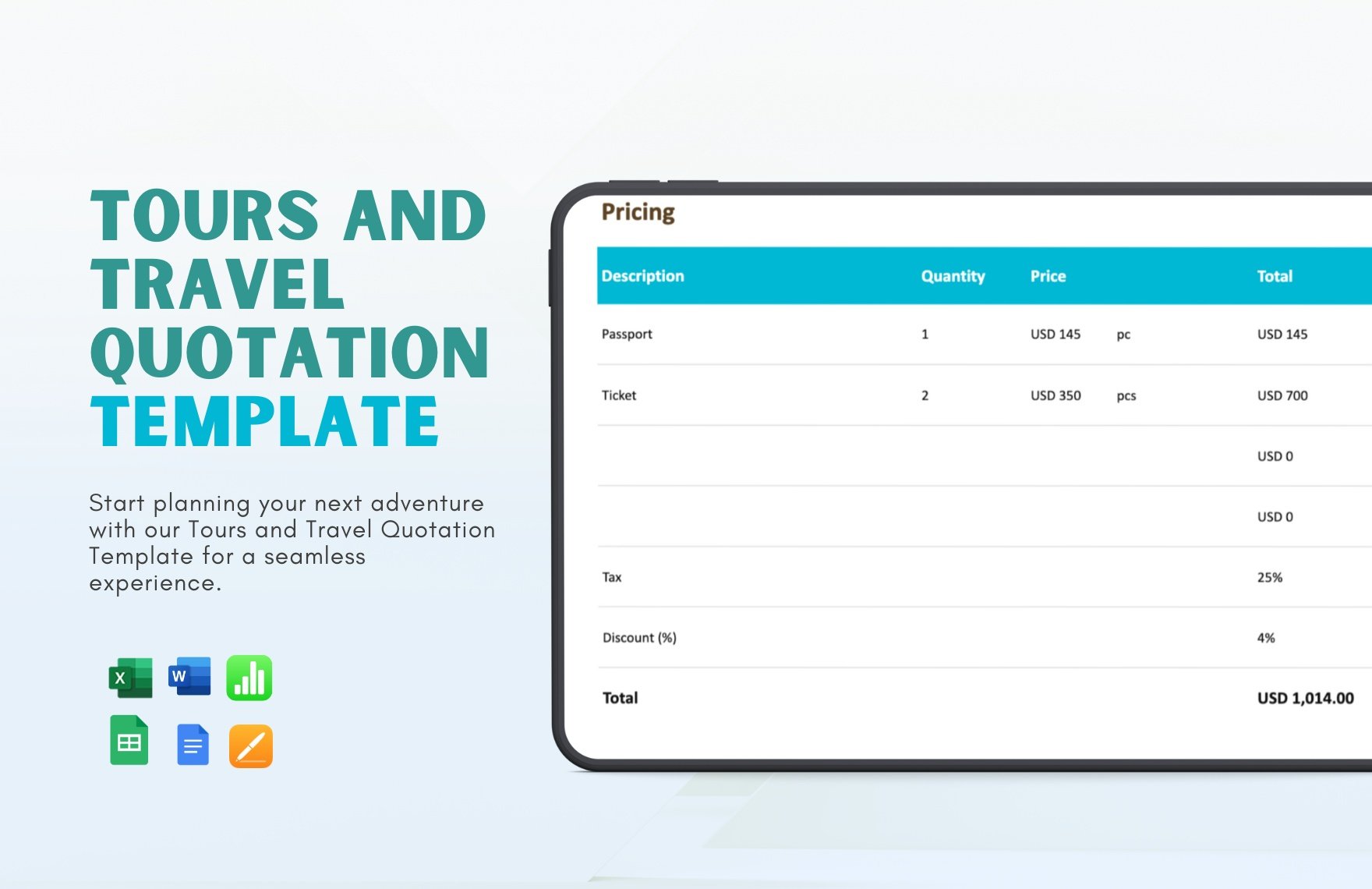 Tours and Travel Quotation Template in Word, Google Docs, Excel, Google Sheets, Apple Pages, Apple Numbers