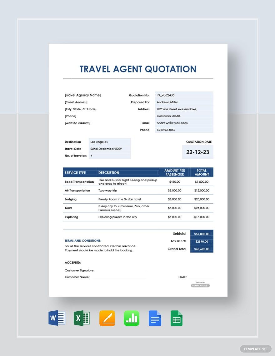 Travel agent Quotation Template Download in Word, Google Docs, Excel