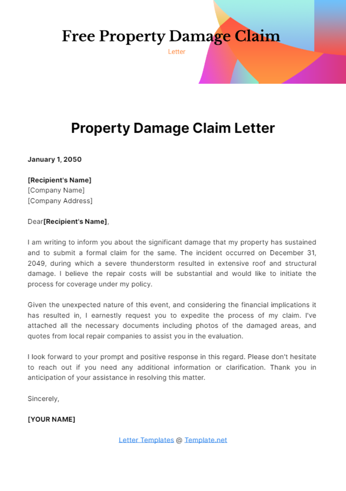 Free Property Damage Claim Letter Template