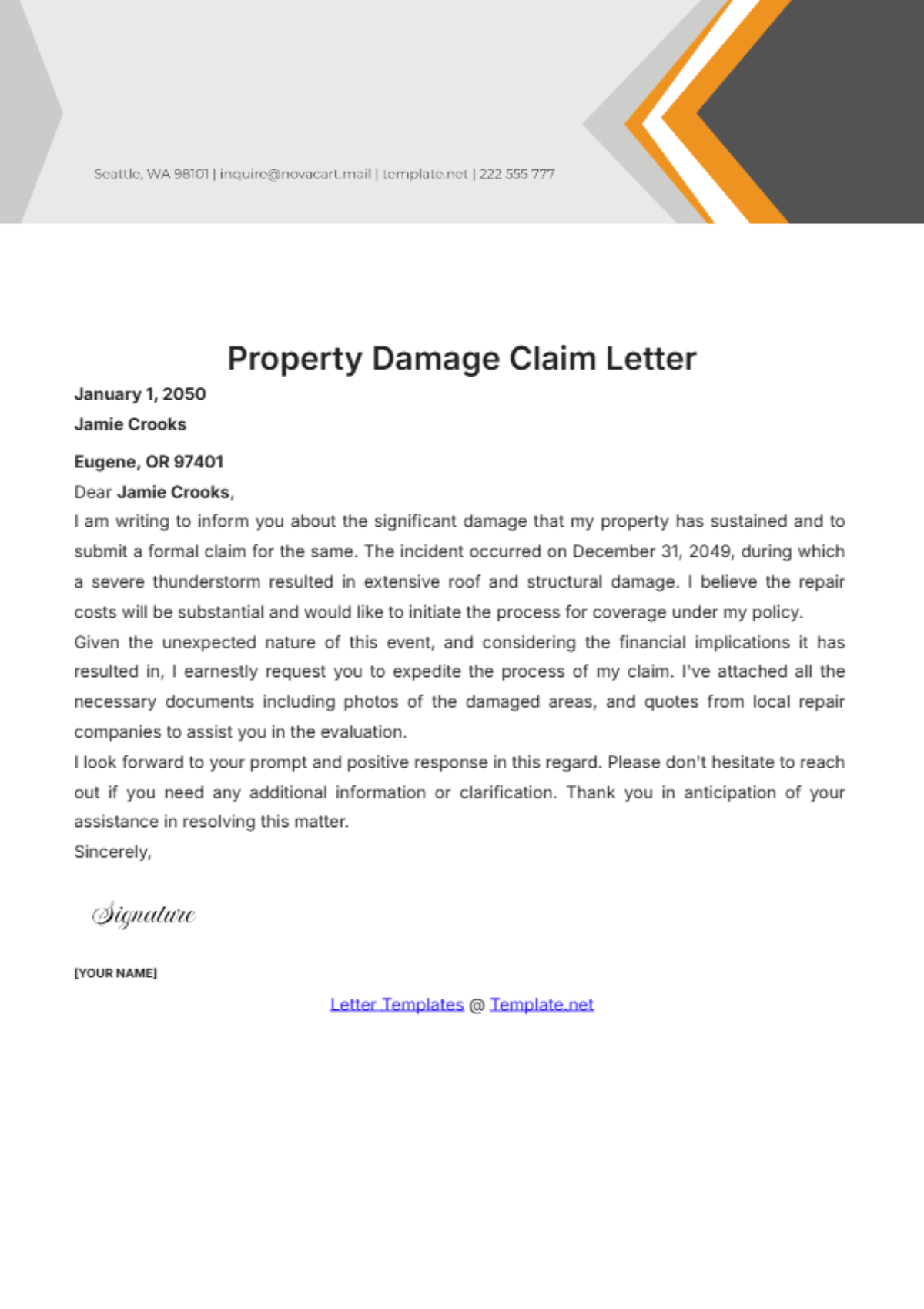 Property Damage Claim Letter Template - Edit Online & Download