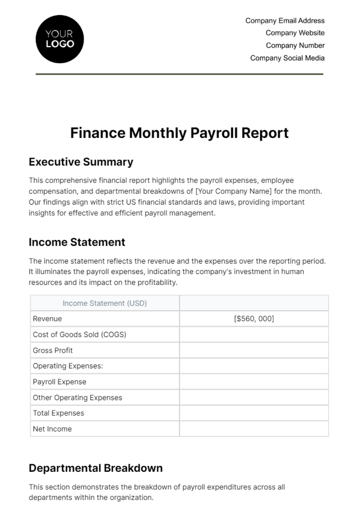 Free Finance Monthly Payroll Report Template