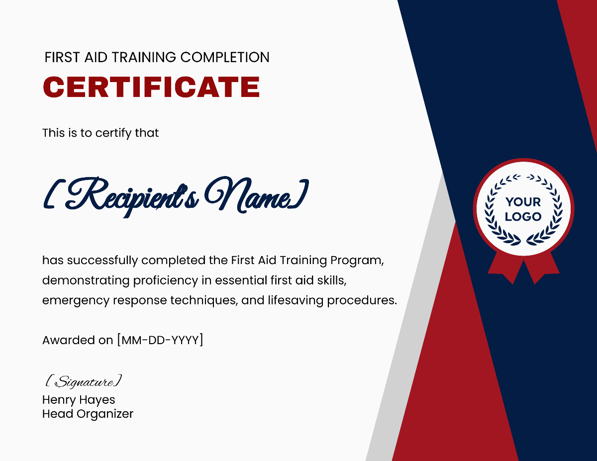 First Aid Training Completion Certificate Template