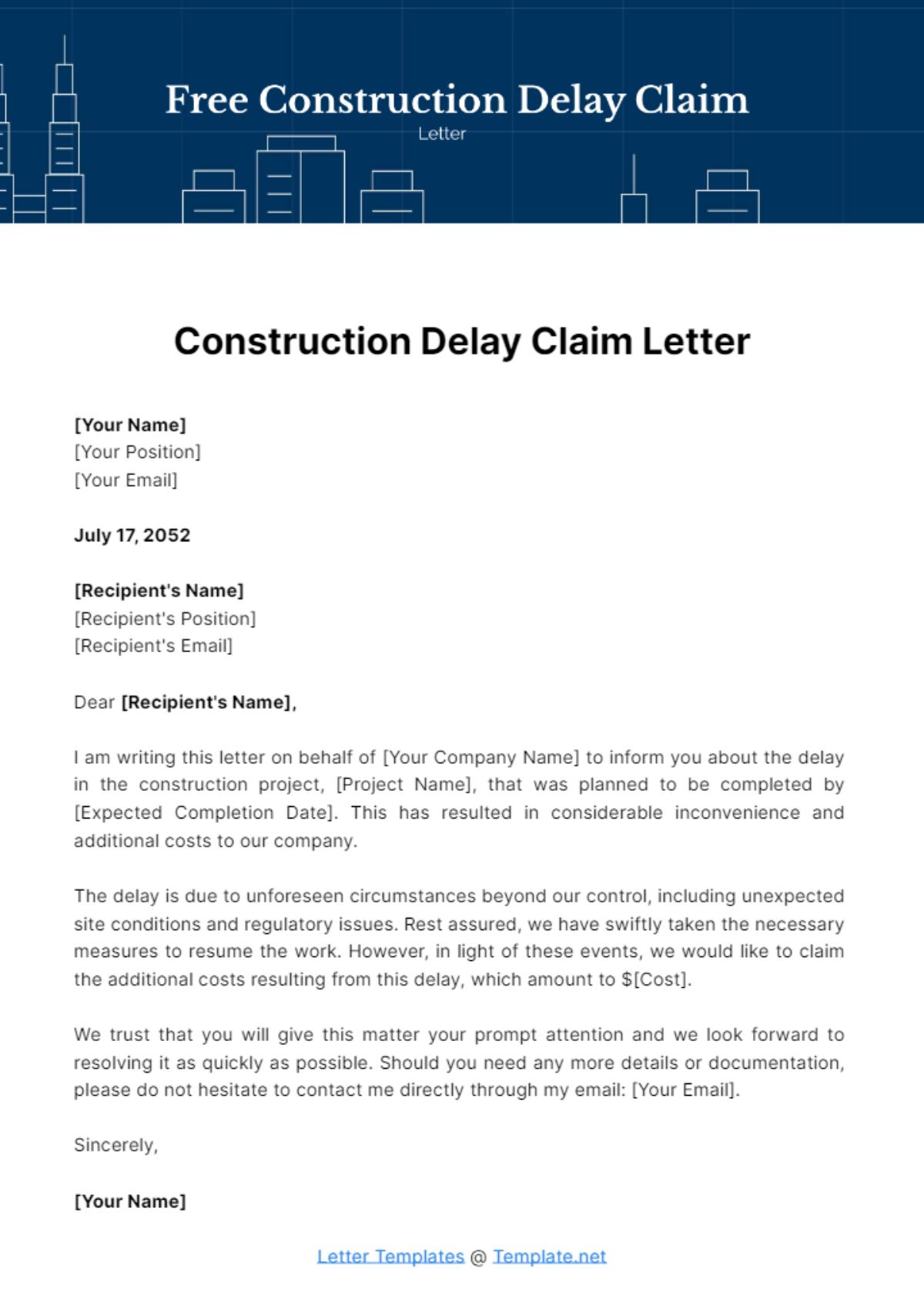 Free Construction Delay Claim Letter Template
