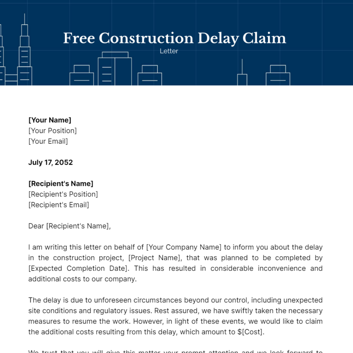 Construction Delay Claim Letter Template - Edit Online & Download