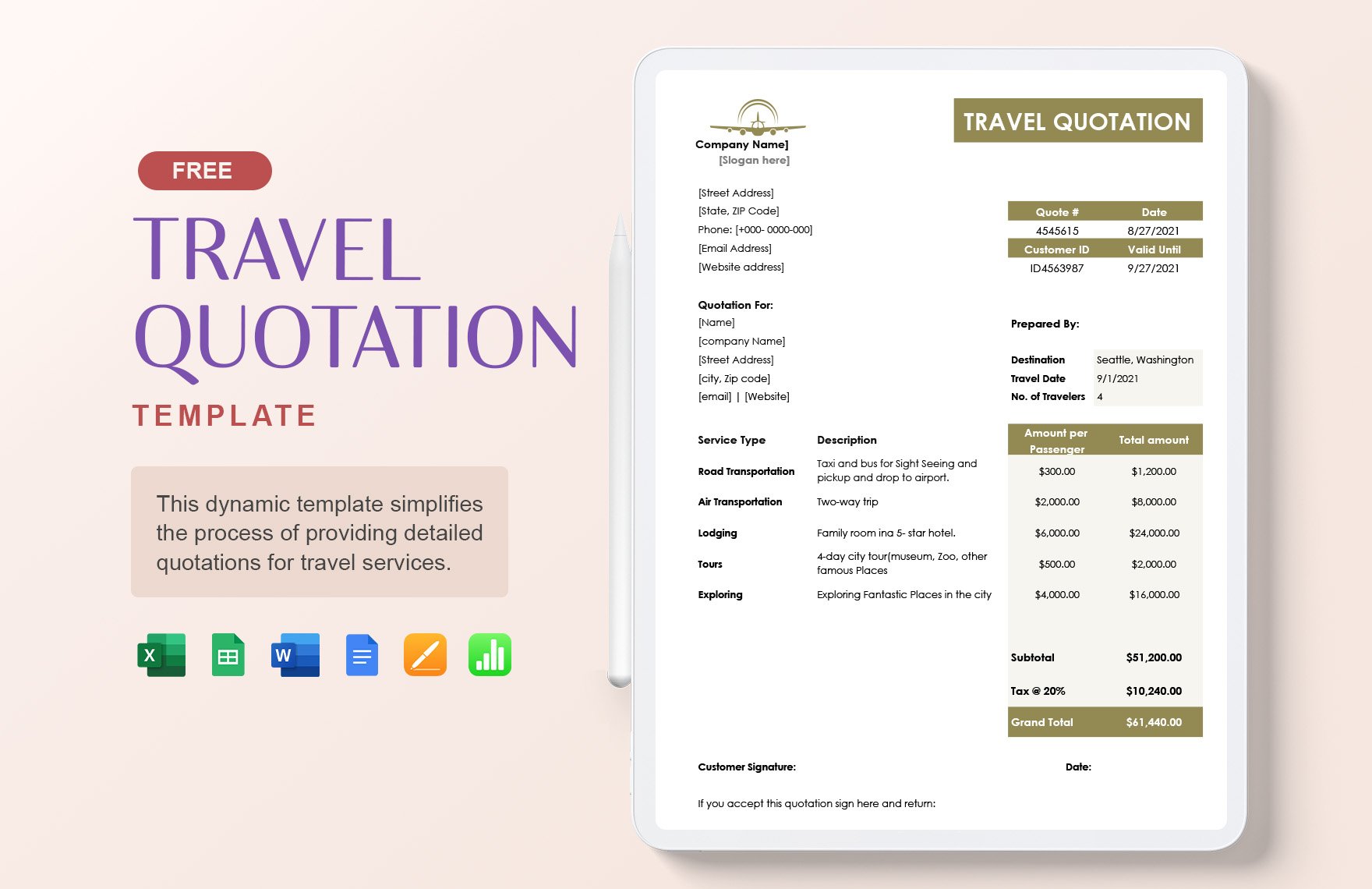 Free Travel Quotation Template in Word, Google Docs, Excel, Google Sheets, Apple Pages, Apple Numbers