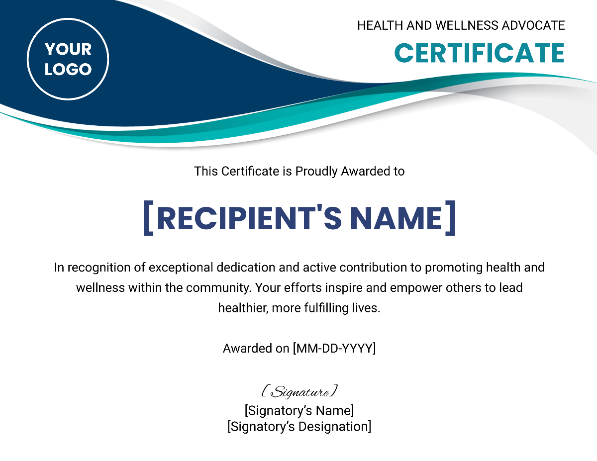 Health and Wellness Advocate Certificate Template