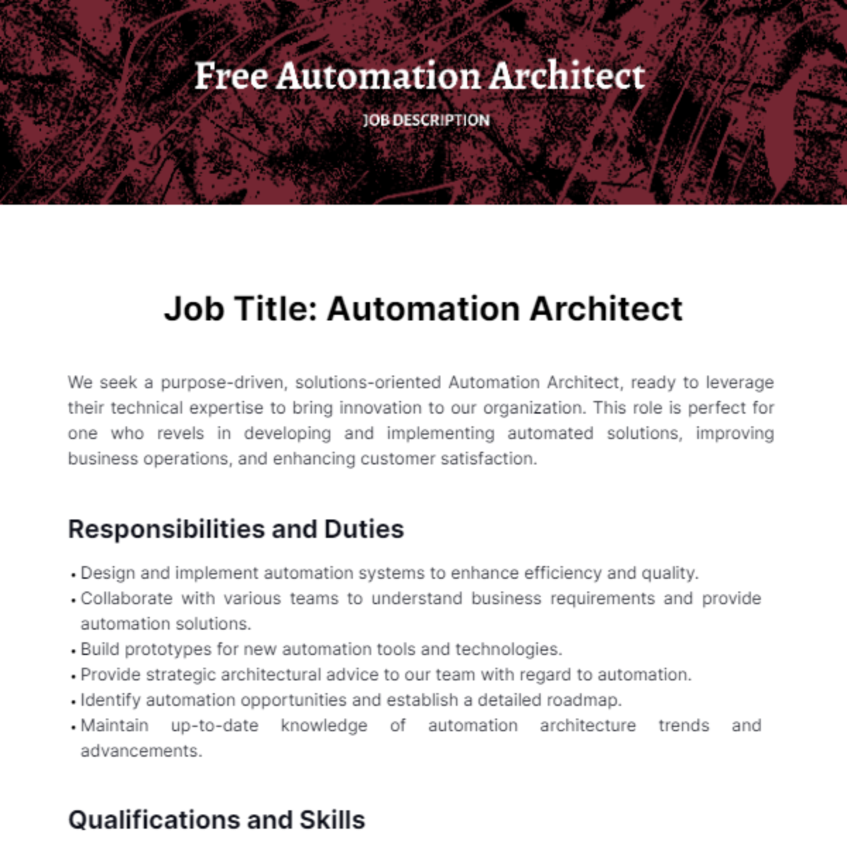 Automation Architect Job Description Template