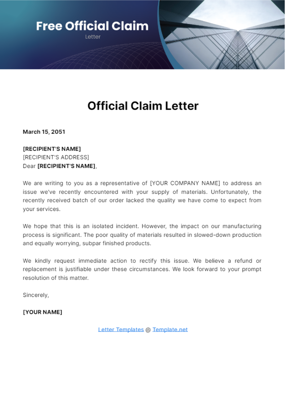 Free Official Claim Letter Template