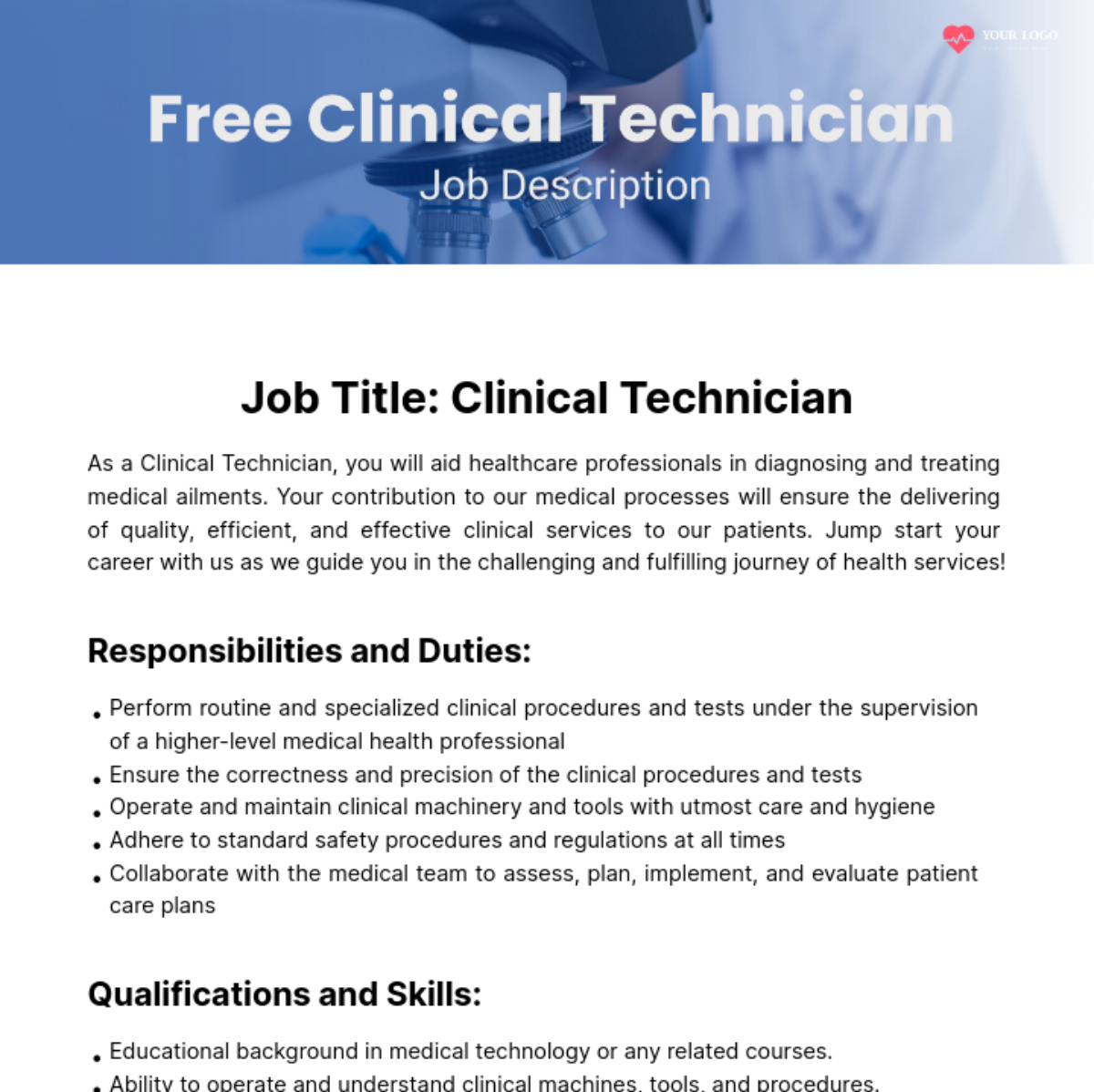 Clinical Technician Job Description Template