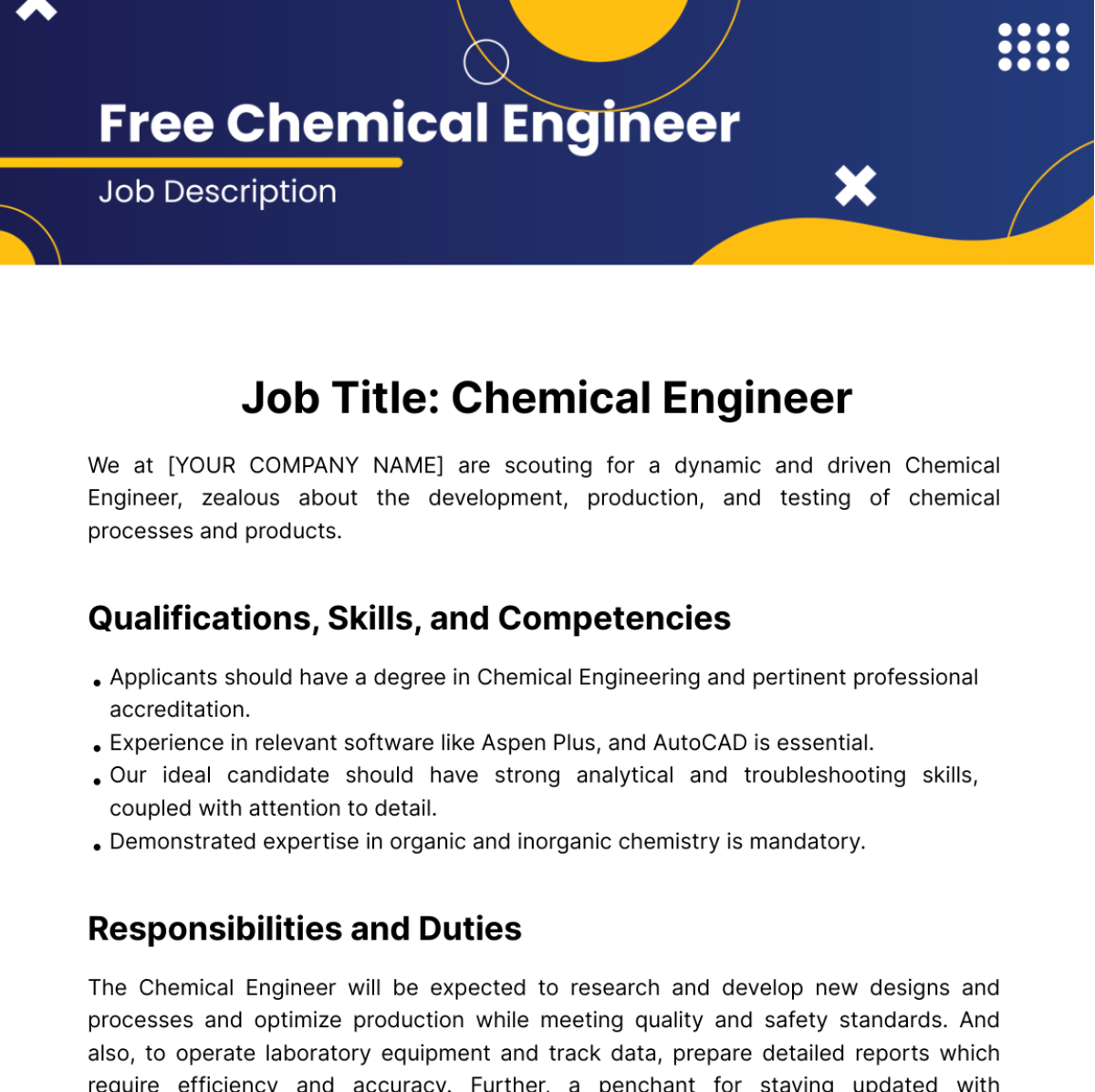 Chemical Engineer Job Description Template