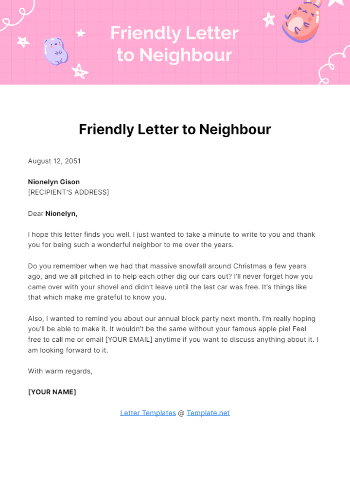 Friendly Letter to Neighbor Template