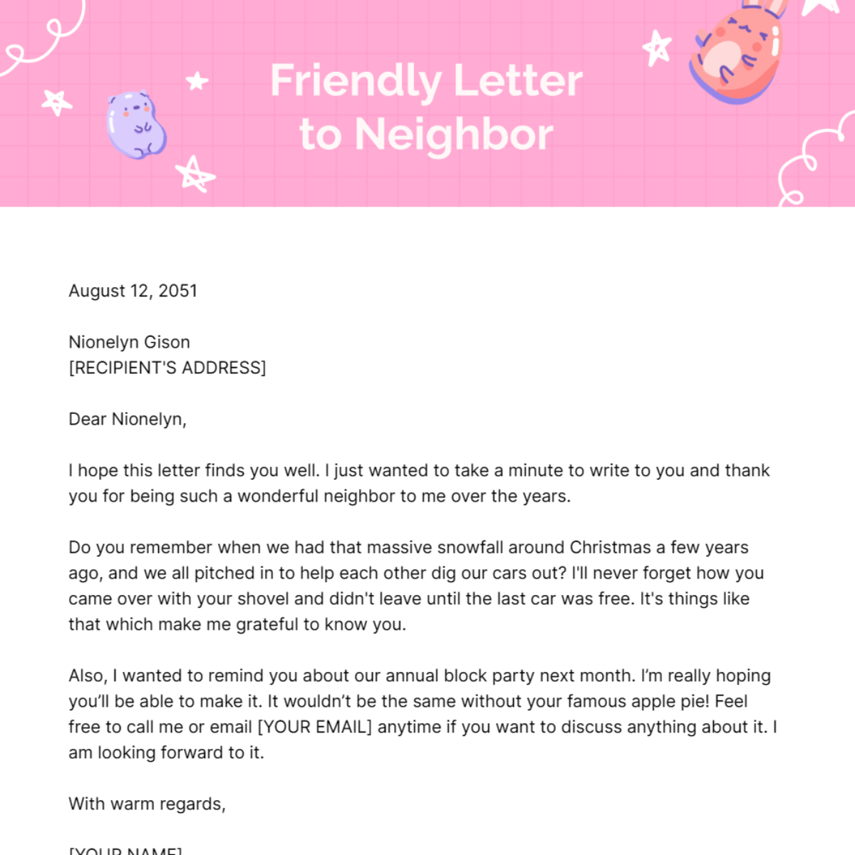 Friendly Letter to Neighbor Template