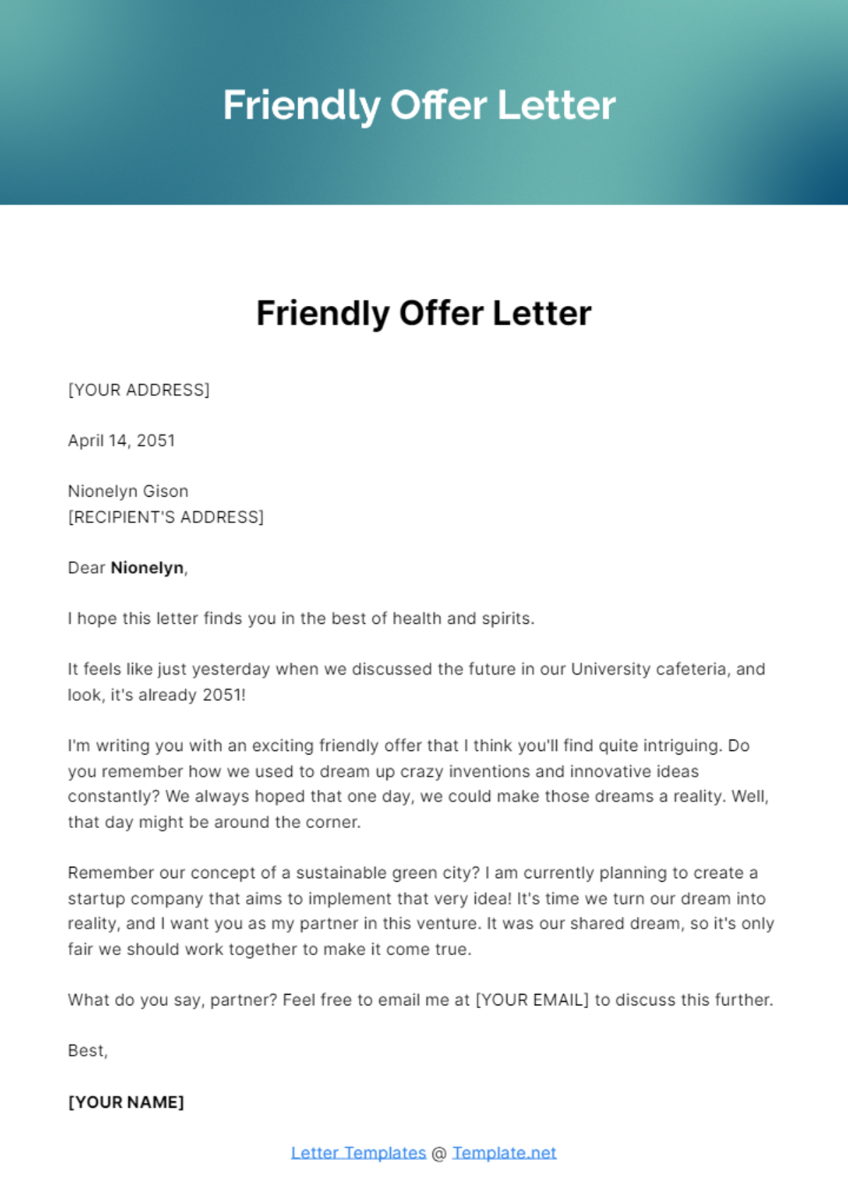 Free Friendly Offer Letter Template