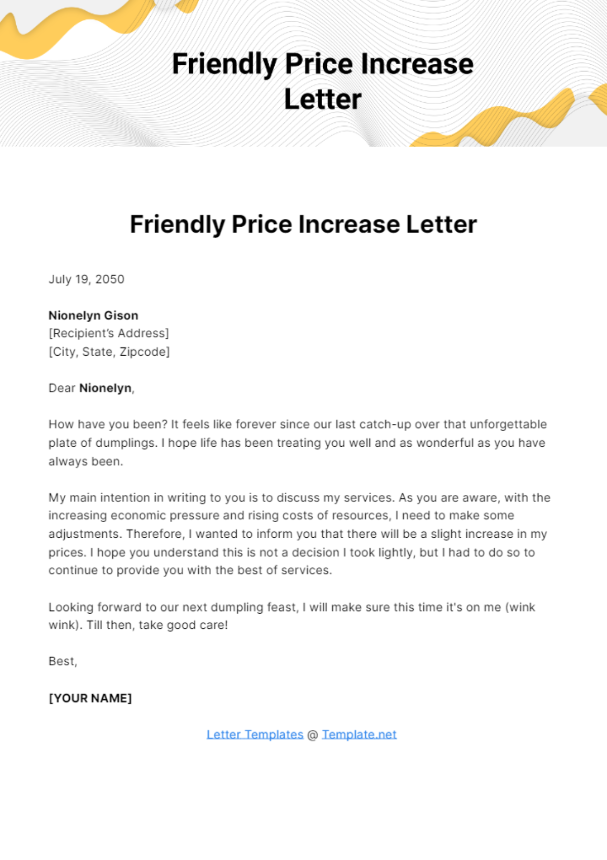 Friendly Price Increase Letter Template