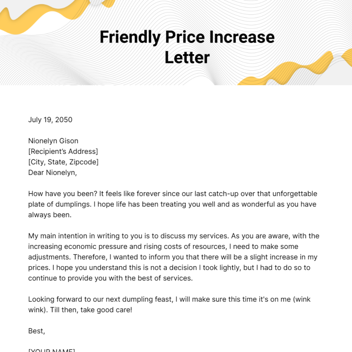 Friendly Price Increase Letter Template