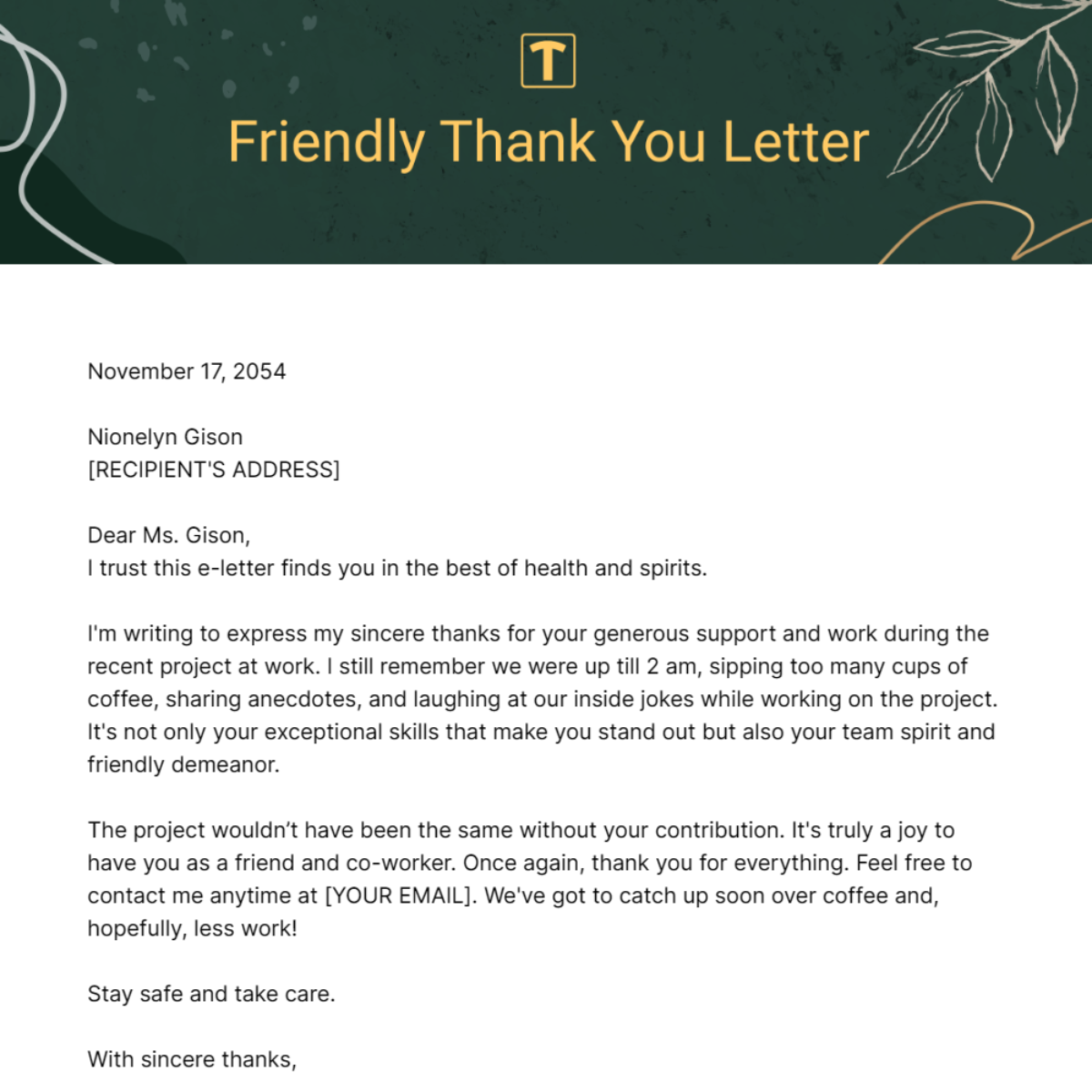 Friendly Thank You Letter Template