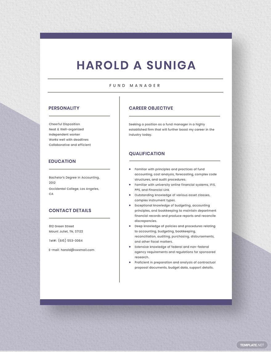 Fund Manager Resume in Word, Apple Pages
