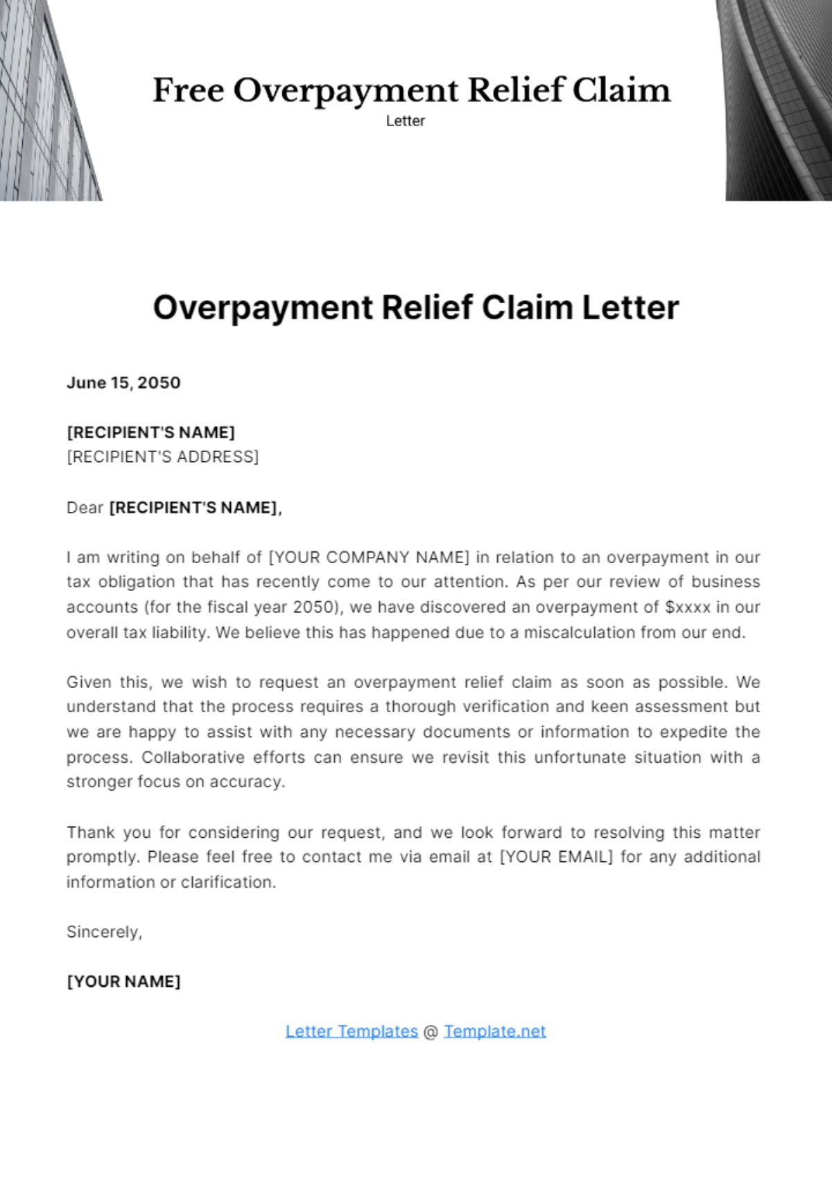 Free Overpayment Relief Claim Letter Template
