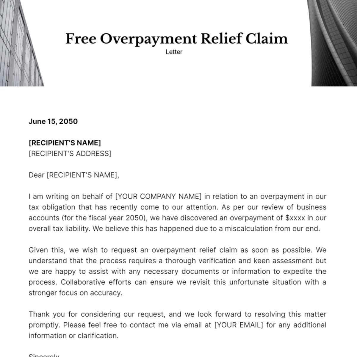Overpayment Relief Claim Letter Template