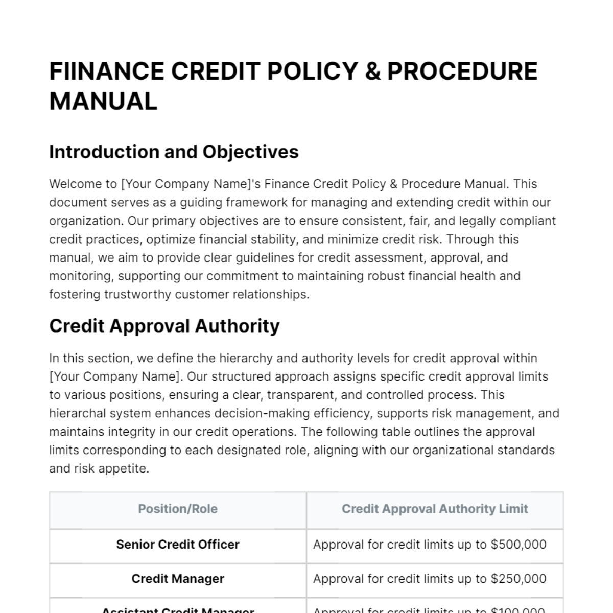 Free Finance Credit Policy & Procedure Manual Template