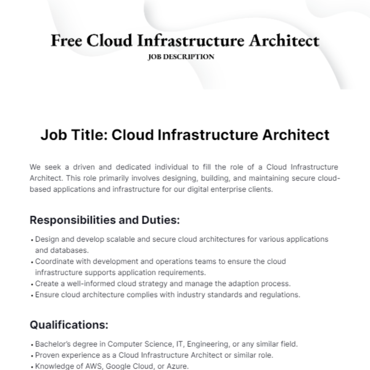 Free Cloud Infrastructure Architect Job Description Template
