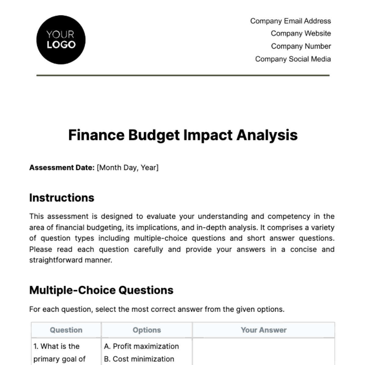 Finance Budget Impact Analysis Template