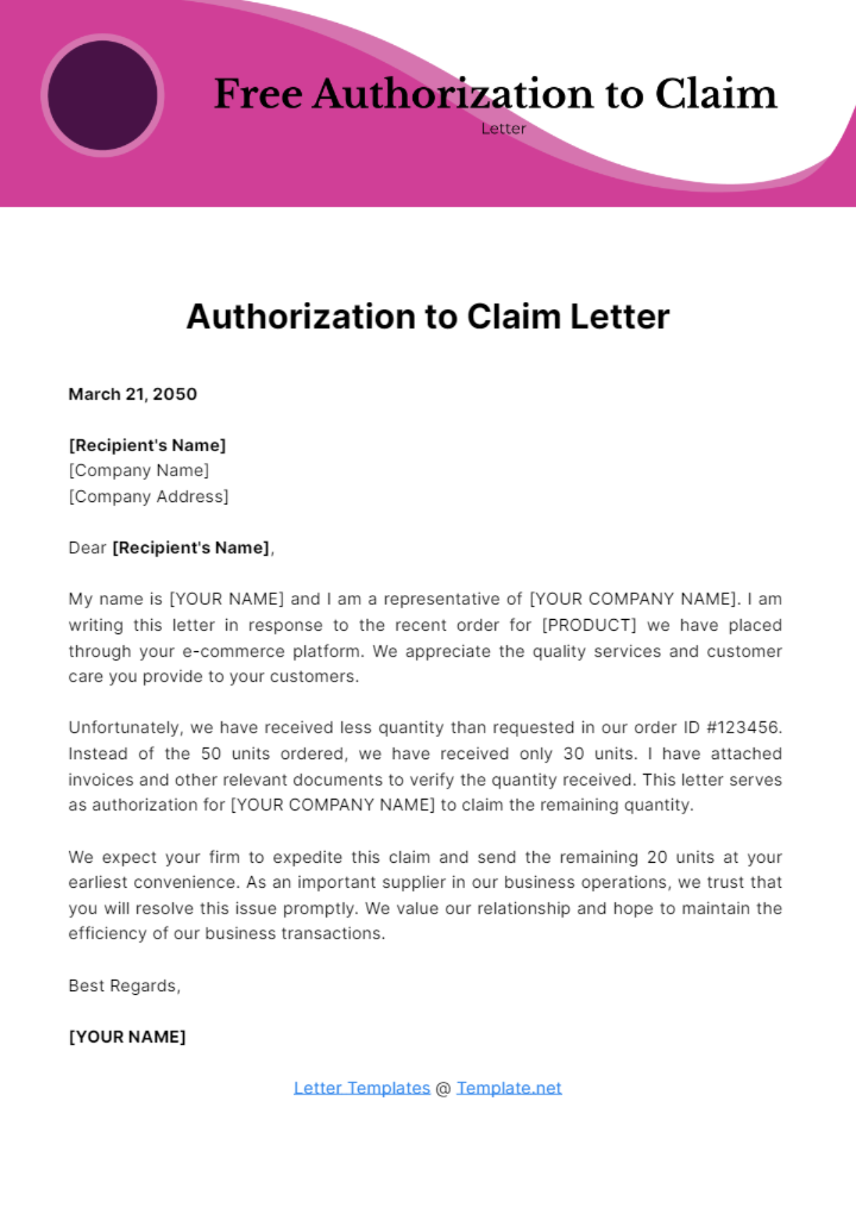 Free Authorization to Claim Letter Template