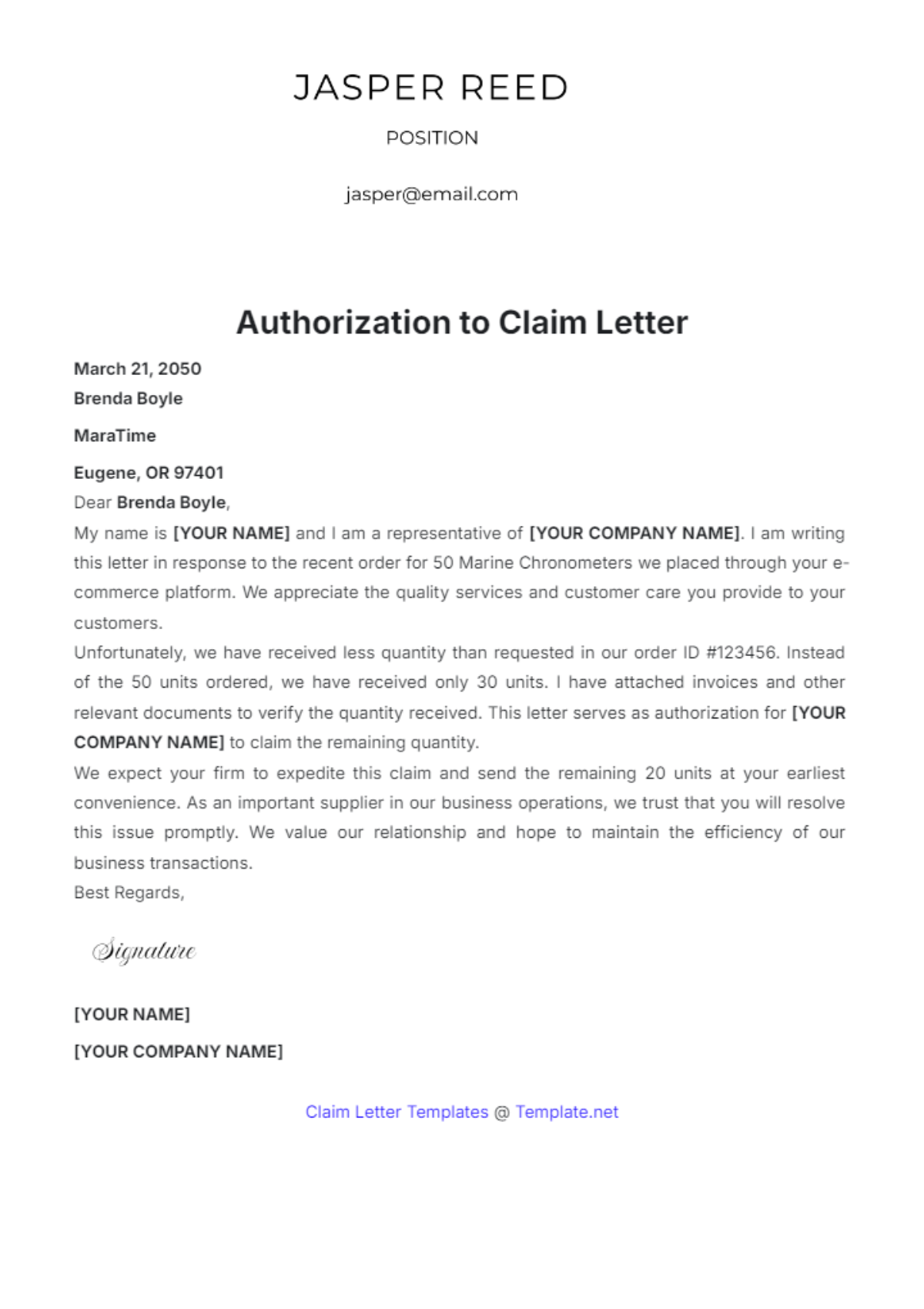 Authorization to Claim Letter Template - Edit Online & Download