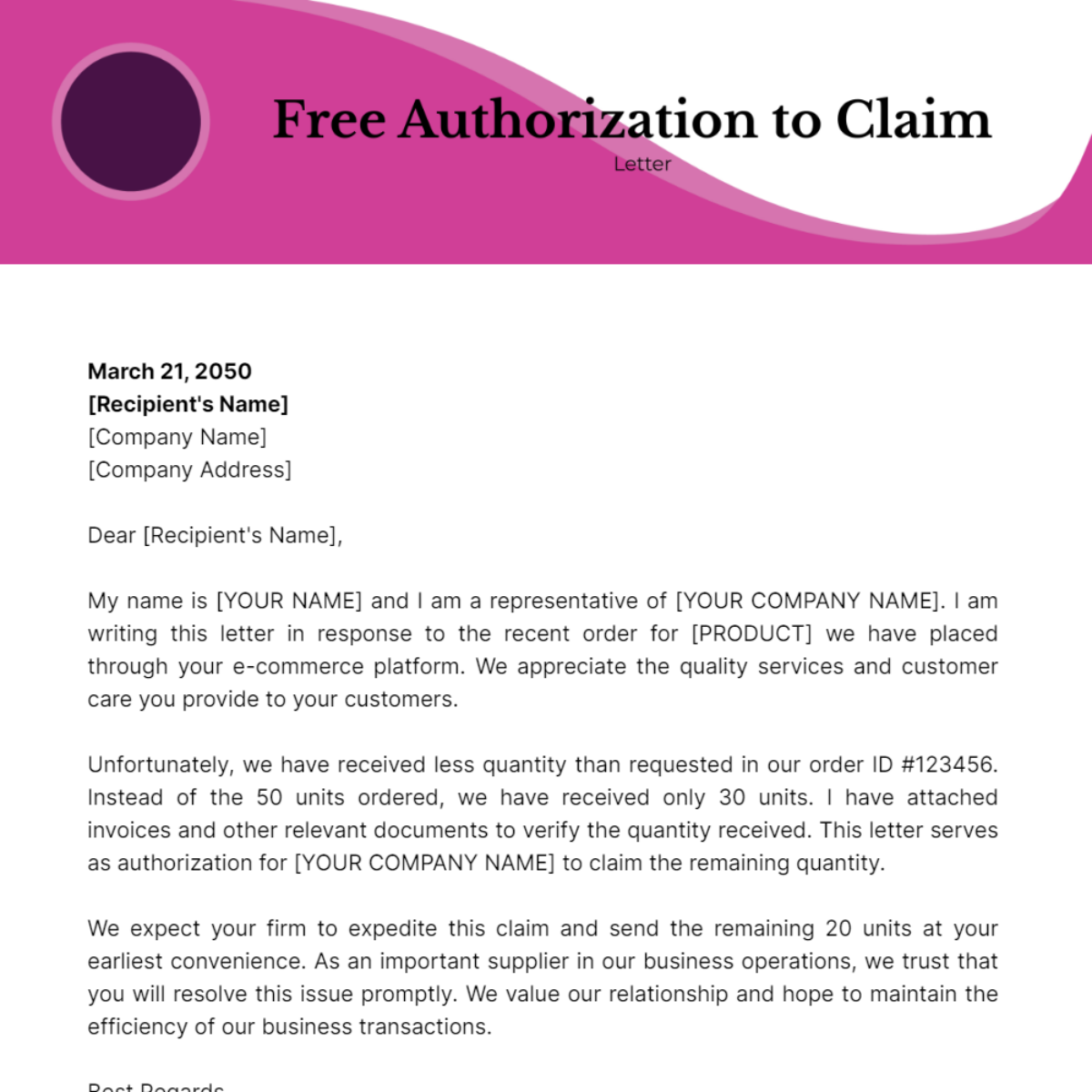 Authorization to Claim Letter Template
