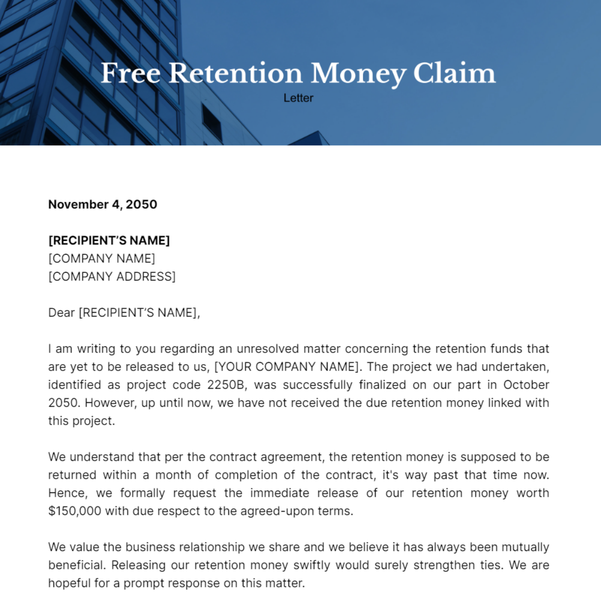 Retention Money Claim Letter Template