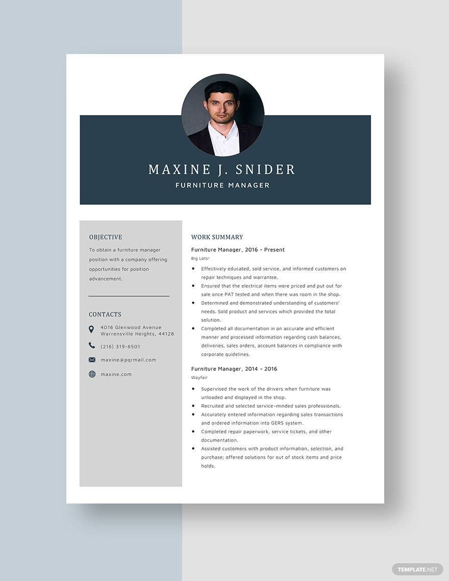 Furniture Manager Resume in Word, Apple Pages