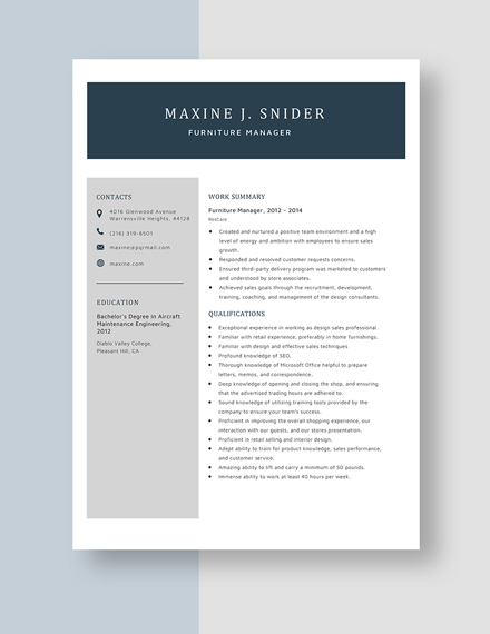Furniture Manager Resume Template