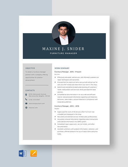 Free Furniture Manager Resume Template - Word, Apple Pages