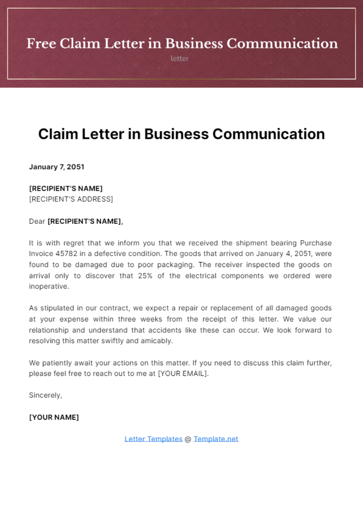Free Claim Letter in Business Communication Template