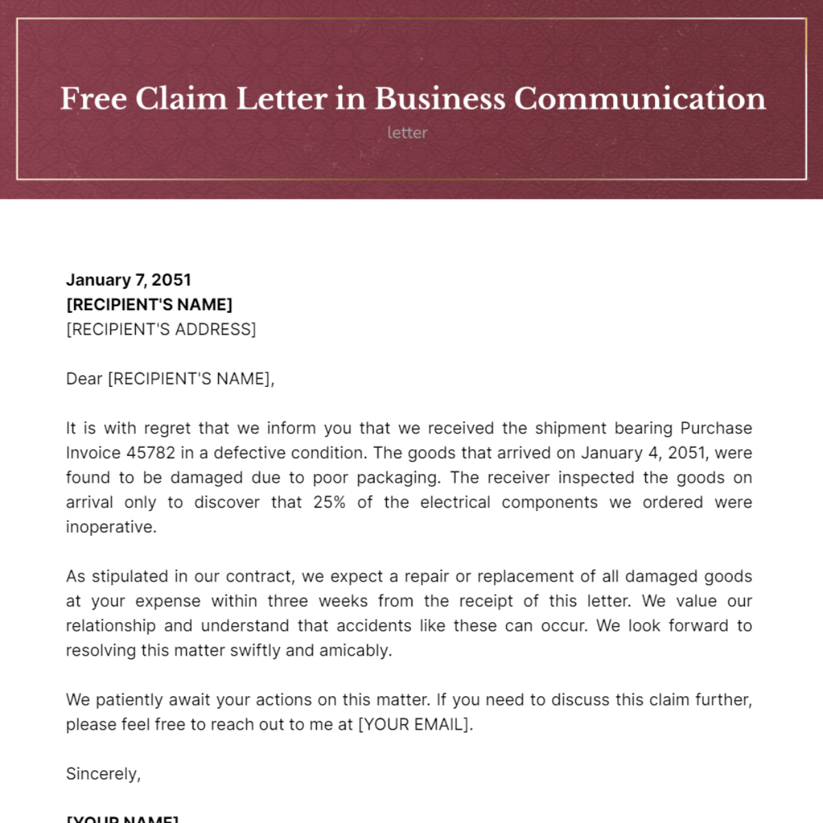 Claim Letter in Business Communication Template