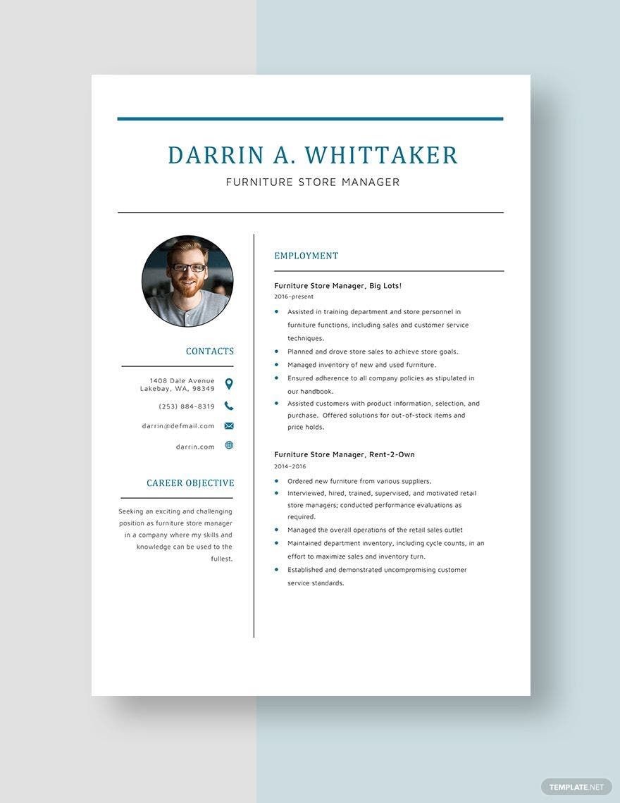 Free Furniture Store Manager Resume in Word, Apple Pages
