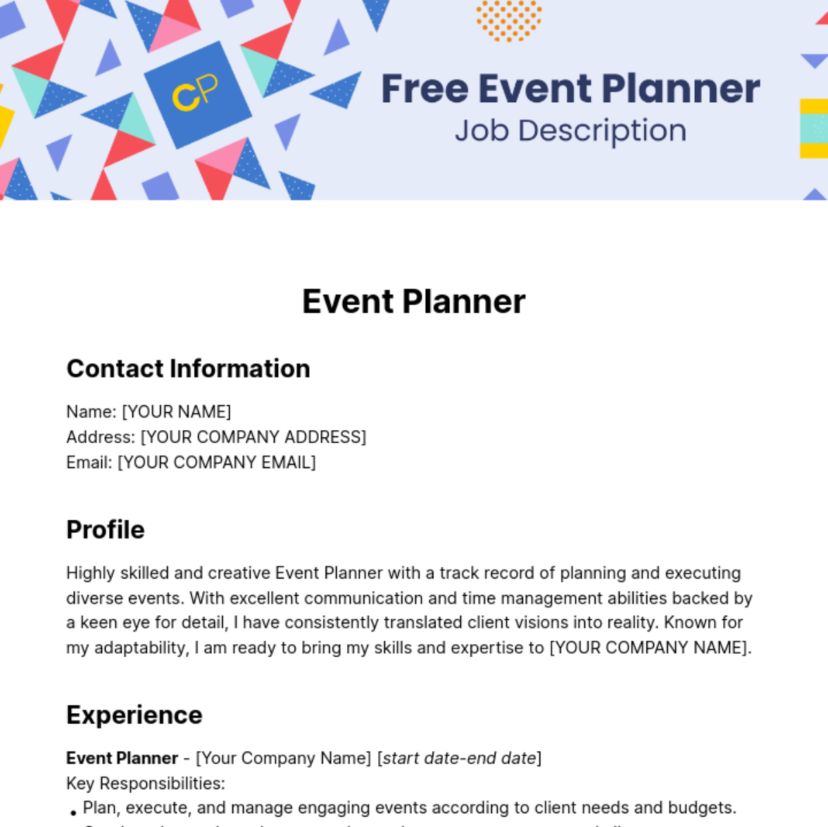 Event Planner Job Description for Resume Template