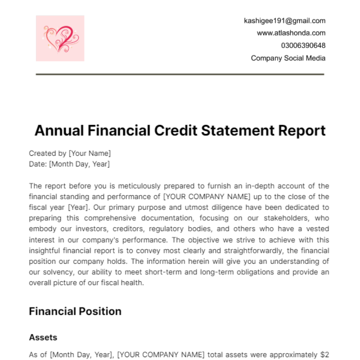 Annual Financial Credit Statement Report Template